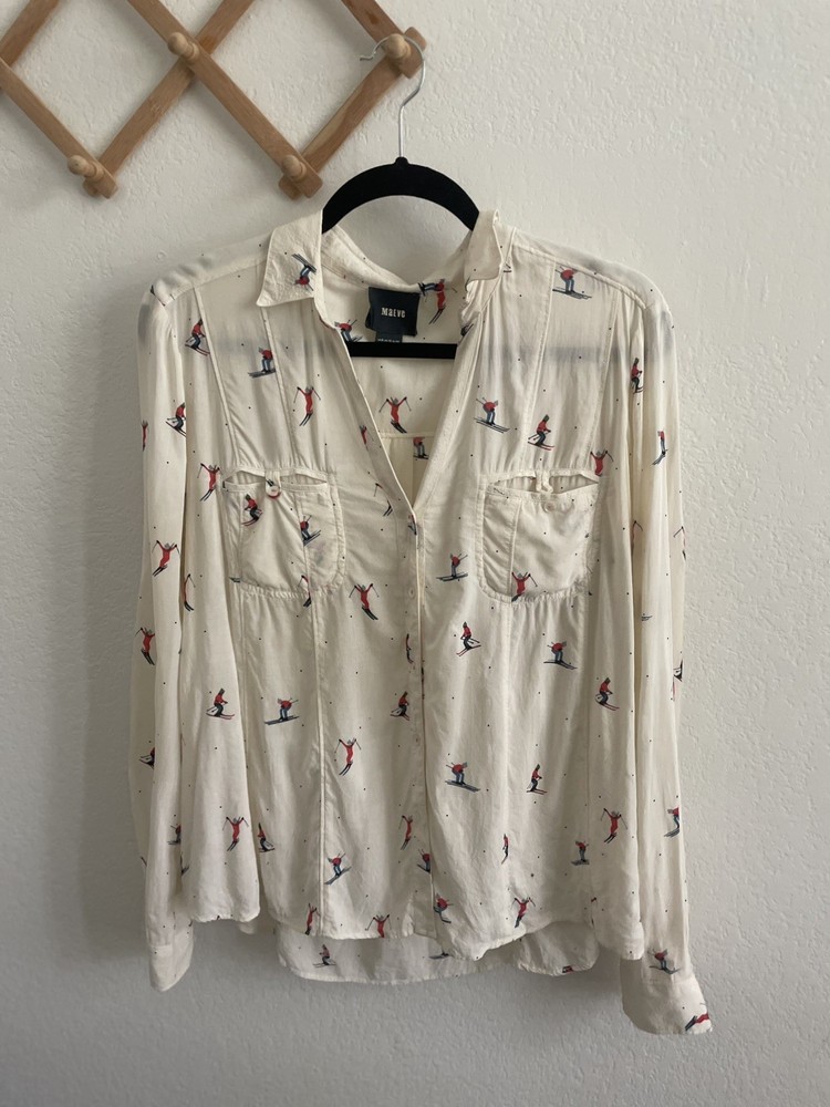 Maeve Anthropologie Ski Print Button Front Blouse Women’s S Long Sleeve
