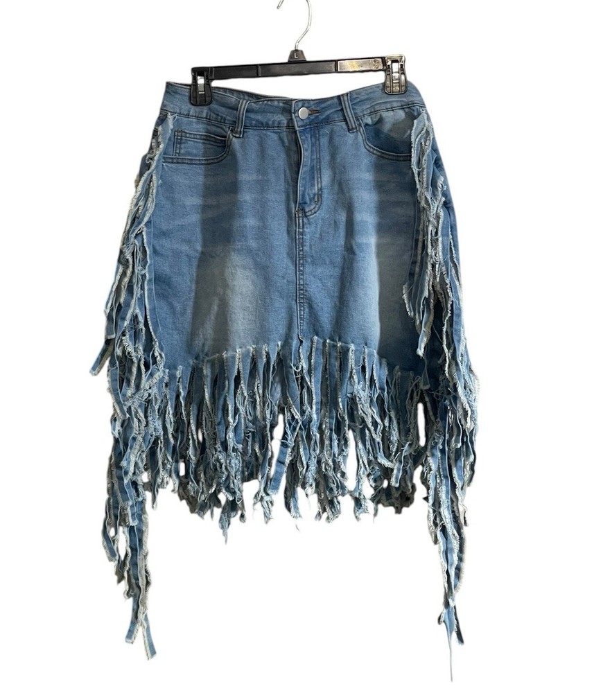 Fashion Nova Large Fringe Blue Denim Mini Skirt Fringe Boho Festival Western
