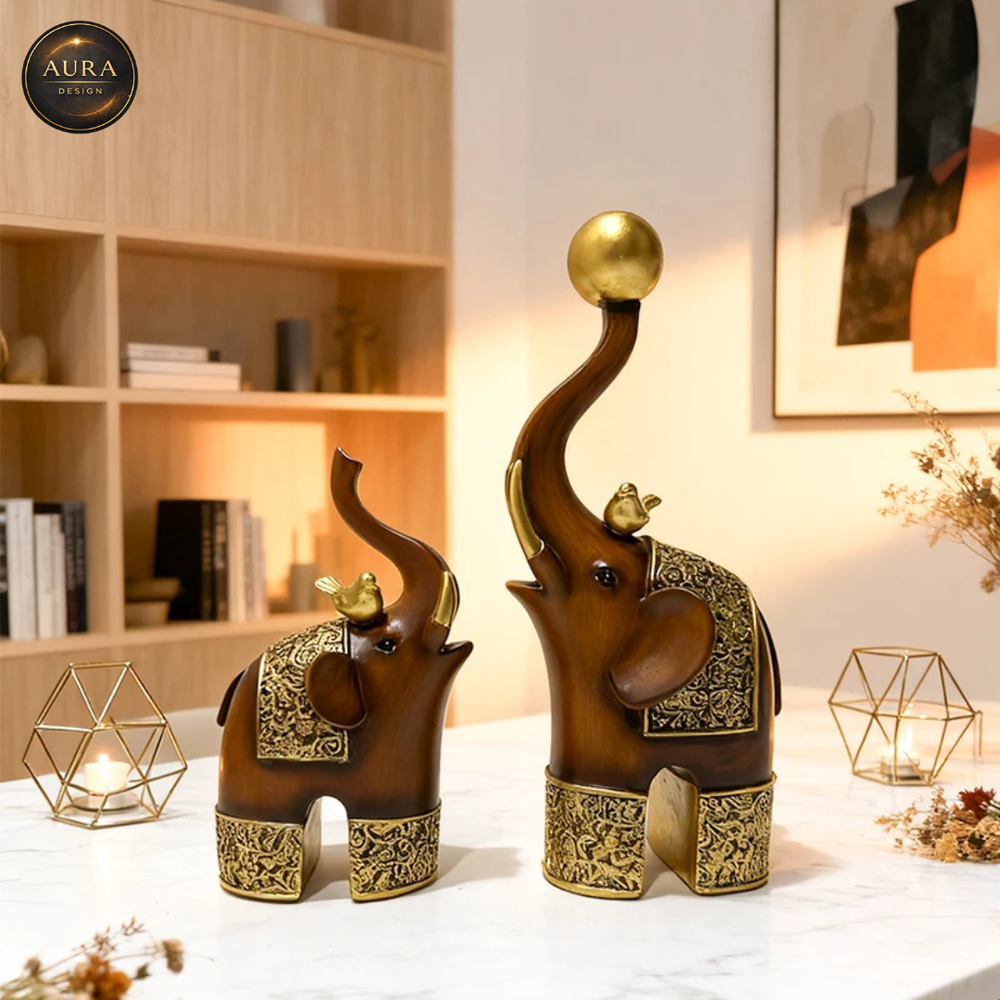 🏛 Modern Decorative Statue Elephants Wooden Style 25cm ✨ Collectible...