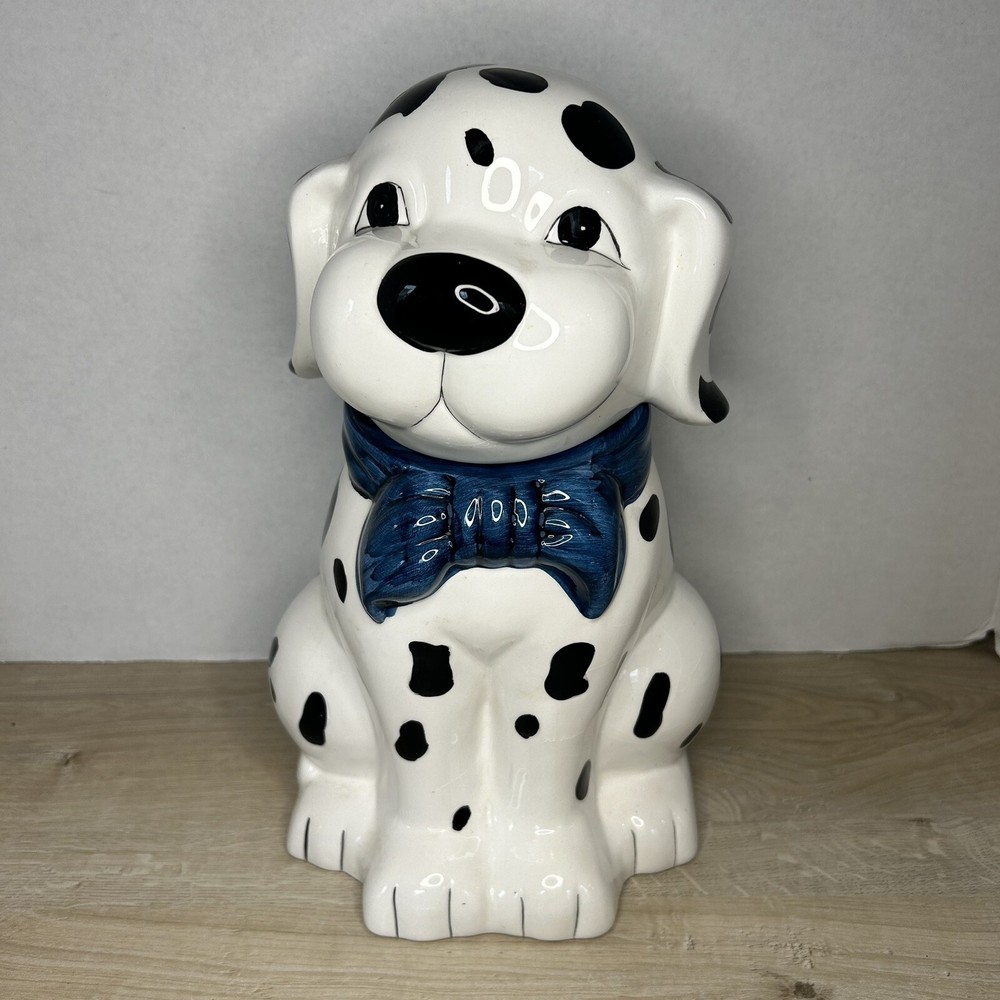 Vintage Dalmatian Cookie Jar Black & White Dog Blue Bow 11.5” Tall