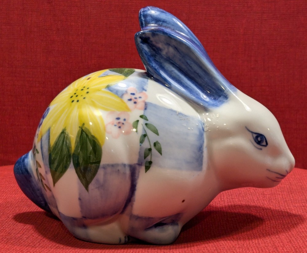 Vintage Bunny Rabbit Figurine Blue Checks & FlowersAndrea by Sadek