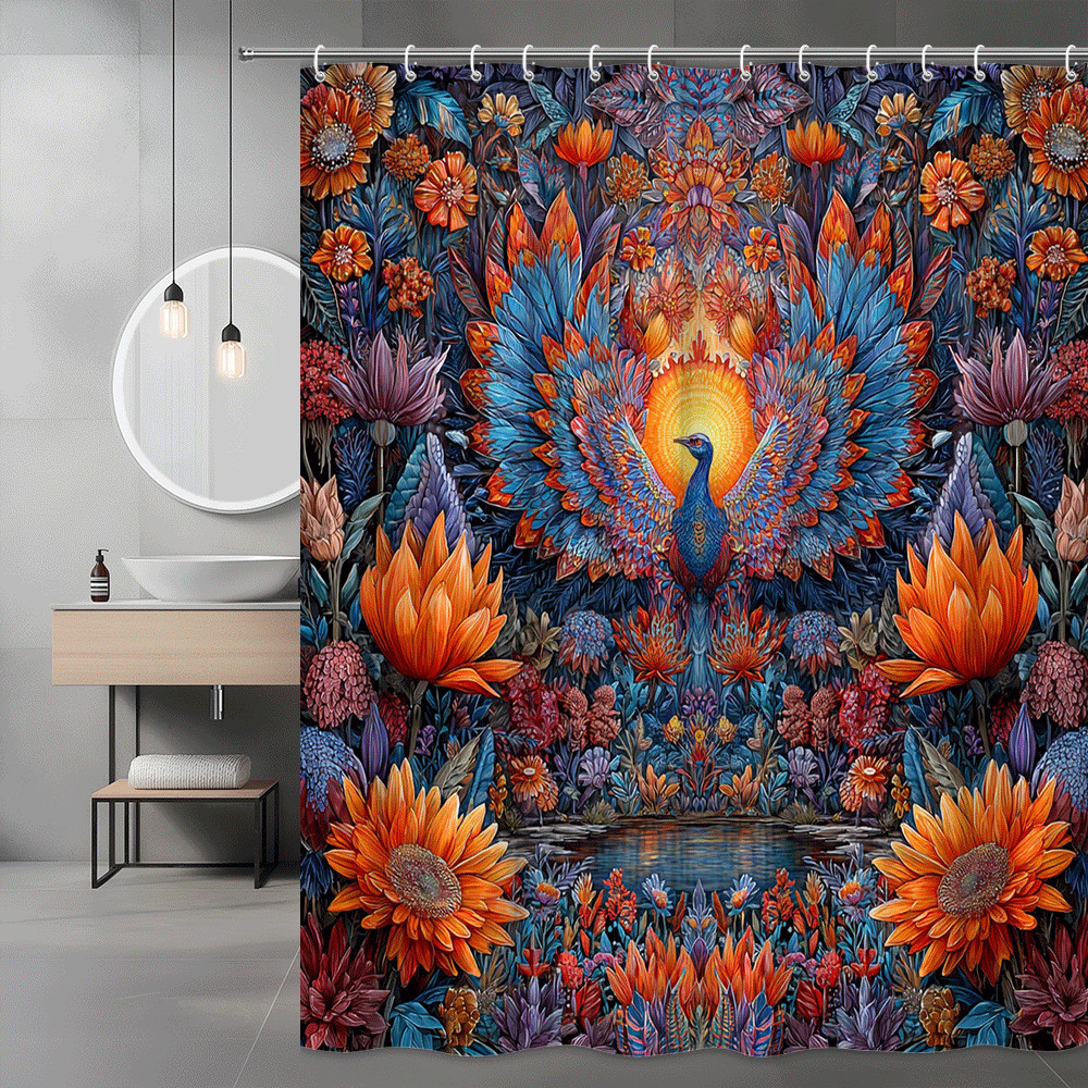 Peacock Floral Shower Curtain Blue Orange Boho Art Print