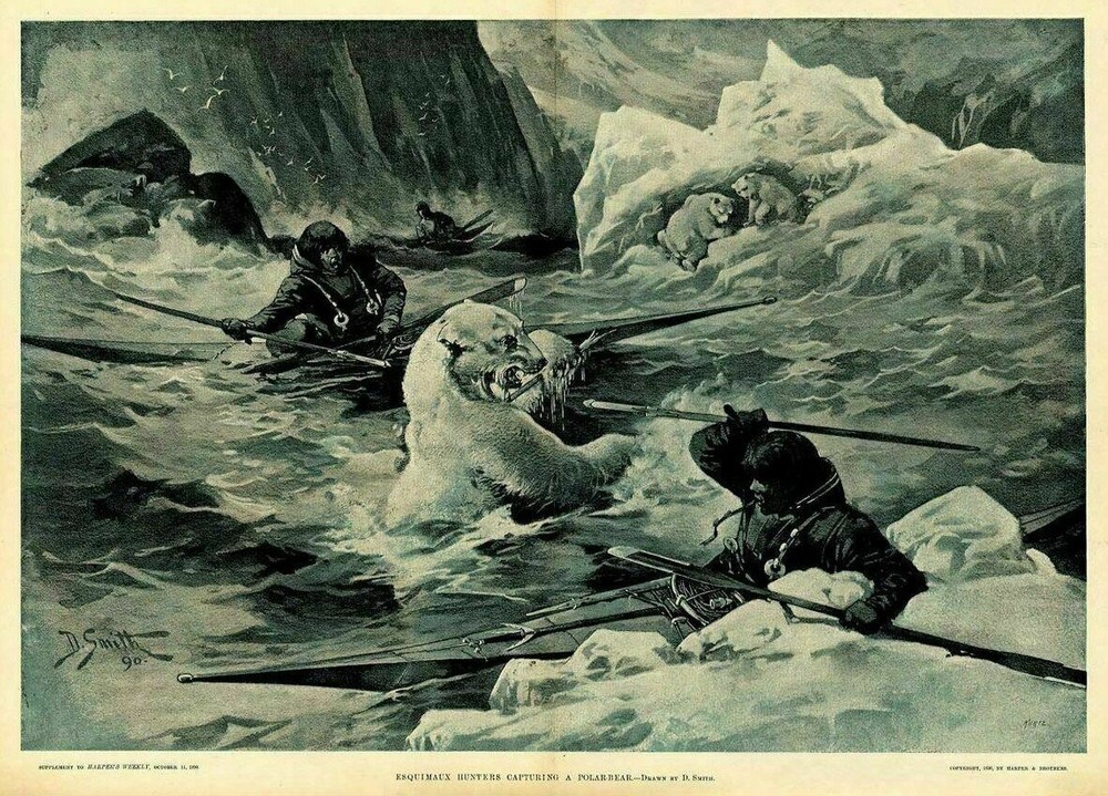 KAYAK ESQUIMAUX HUNTERS CAPTURING POLAR BEAR HUNTING SPEAR PADDLES ICEBERGS