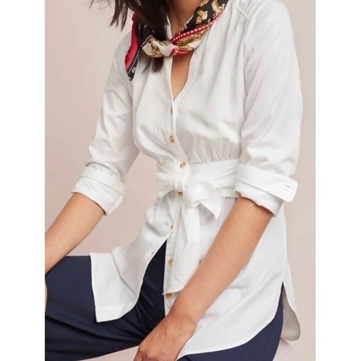 Anthropologie Maeve Button Down Tie Waist Top Size 4 Crisp White Cotton Shirt
