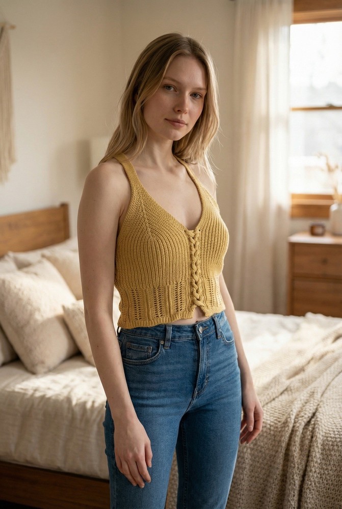 Jolie & Joy Yellow Knit Braided Stretch V-Neck Sleeveless Cropped Tank Top M