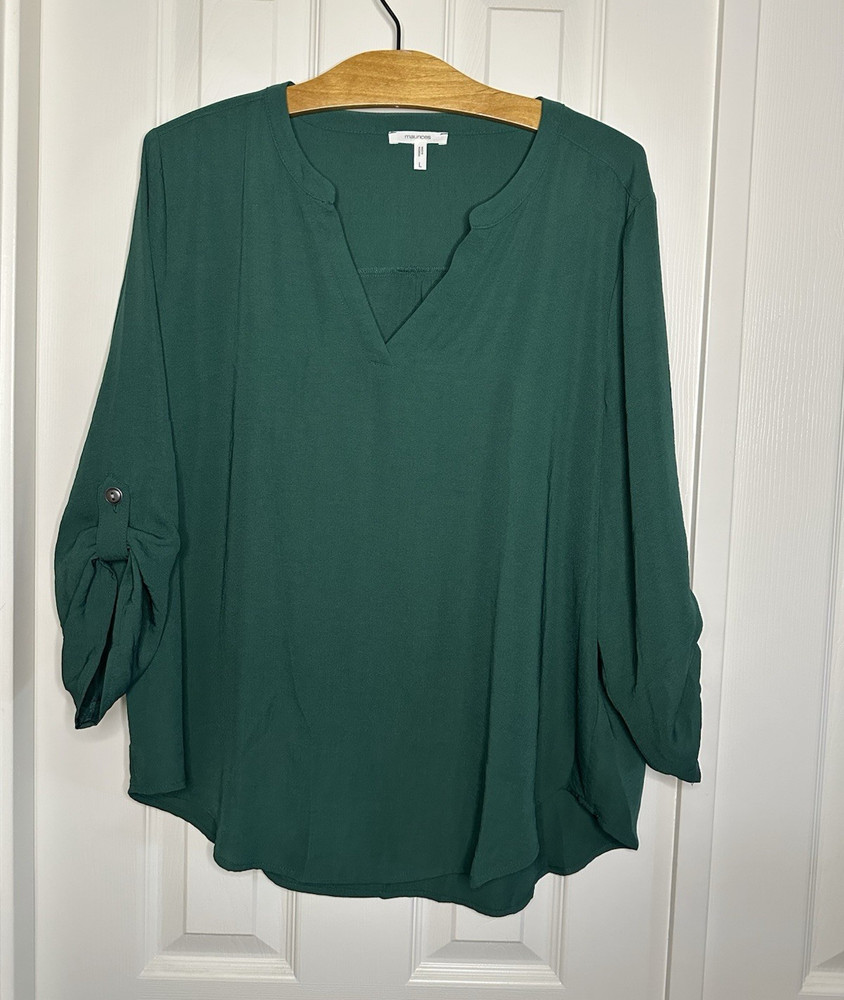 Maurices Women’s L Green Solid V-Neck Blouse Roll Tab 3/4 Sleeve Button