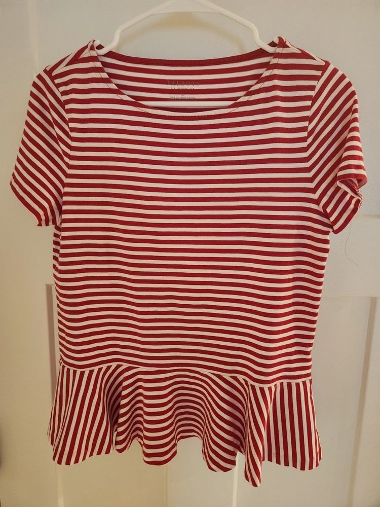 Talbots Women's Peplum Top Short Sleeve Round Neck Striped 100% Cotton Size SP