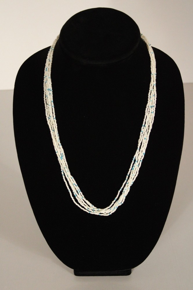 Beaded Necklace Light Sky Blue Pearl White 24