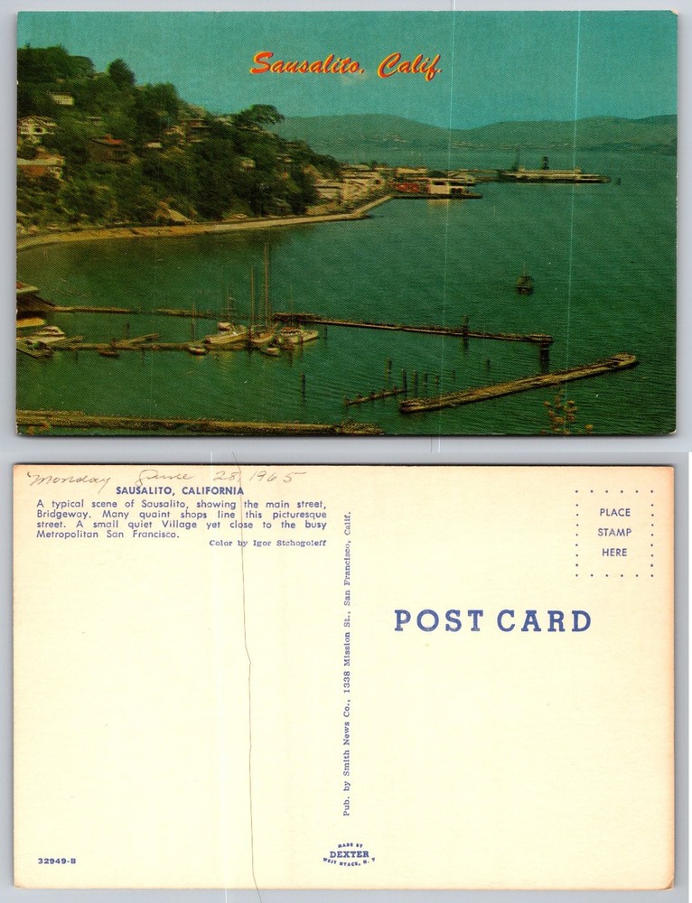 Vintage Sausalito CA Postcard 1965 Waterfront Bay View Smith News Co. Dexter