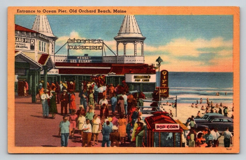 Vintage Linen Postcard Old Orchard Beach ME Ocean Pier Movies Dancing Tichnor