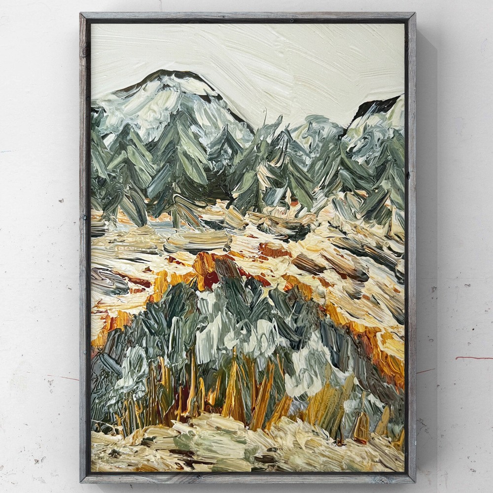 Abstract Winter Landscape Oil Painting Mountain Forest Lake Miniature Artwork-image