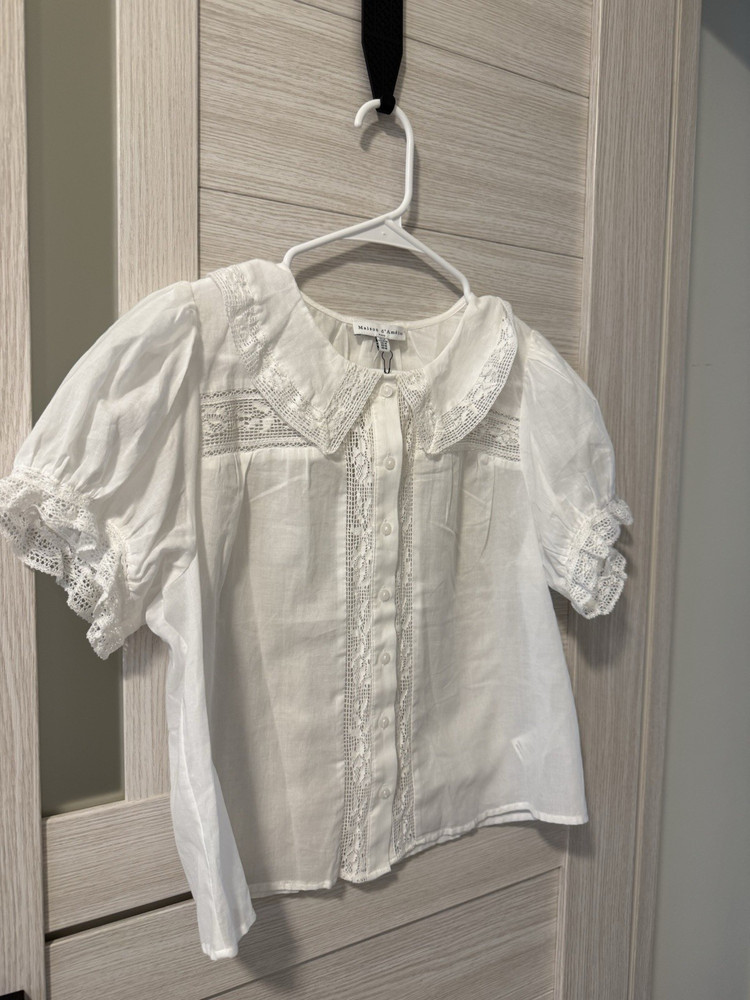 Maison d'Amelie White Lace Trim Collared Button Front Puff Short Sleeve Blouse M