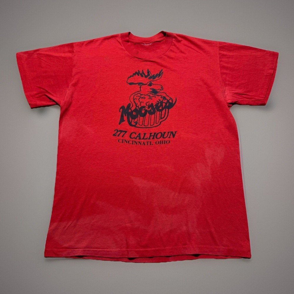 Vintage 80s Faded Moose's Beer Mug 277 Calhoun Cincinnati Ohio Bar Shirt Medium