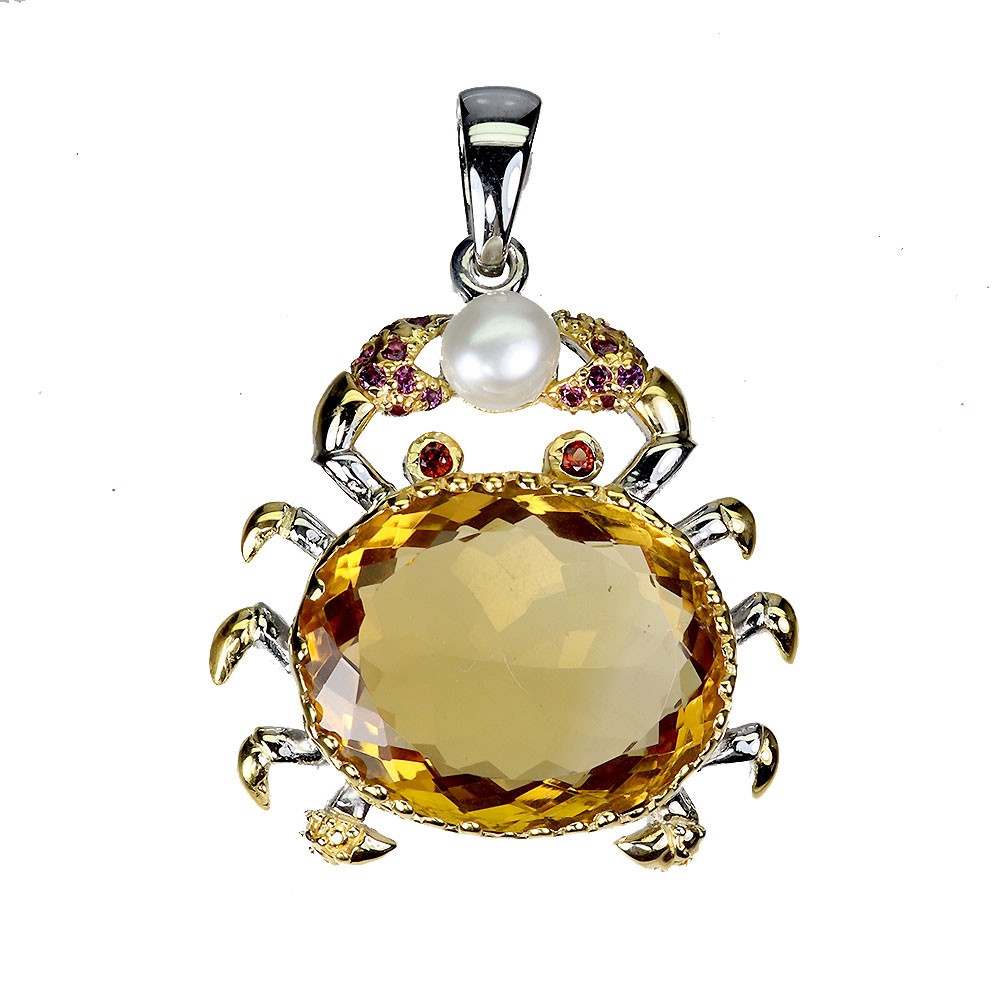 925 Sterling Silver Oval Citrine Amethyst Pearl Handmade Gemstone Pendant