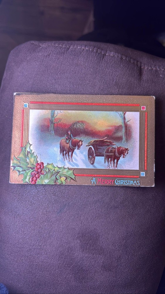 1909 Embossed Christmas Postcard Horses Cart Holly Berries Winter Scene