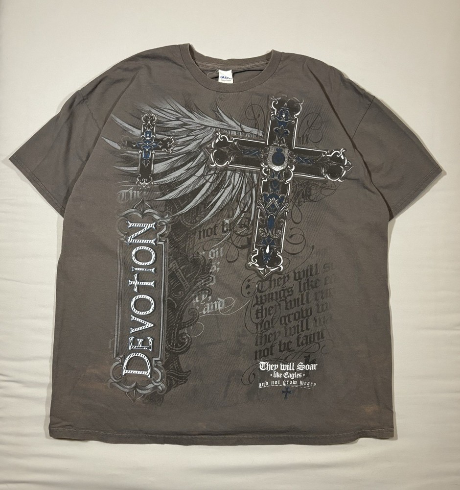 Y2K Grunge Style Devotion Cross Graphic Print Men's 2XL Gray T-Shirt 100% Cotton