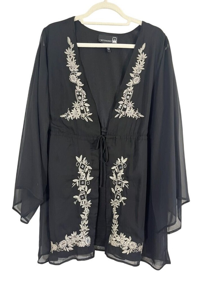 Antthony Kimono XL Black Sheer Floral Beaded Sequin Boho Festival Indie Hippie
