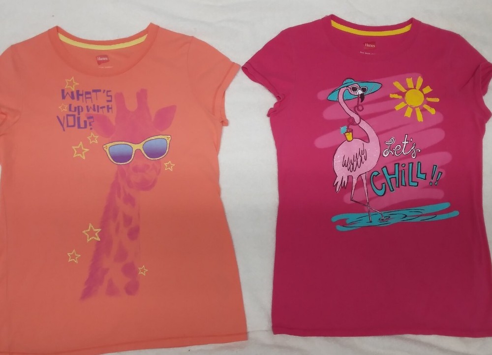 Lot of 2 HANES Girls XL (14/16) Tops~ Giraffe, Flamingo GUC