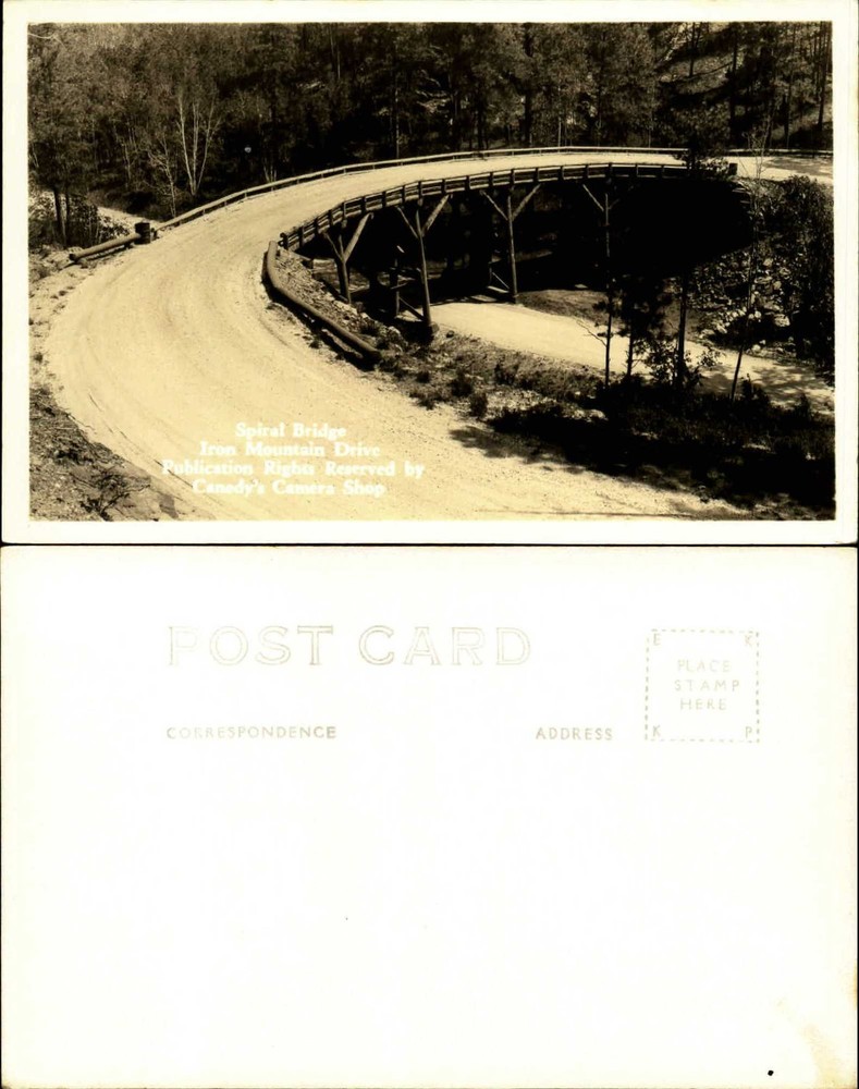 Spiral Bridge Iron Mountain Drive SD RPPC Canedy's Camera Shop ca 1940