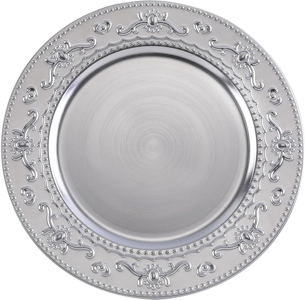 13-Inch Charger Plates, 6Pcs Dinner Plate Chargers Round 6Pcs, Floral-Silver