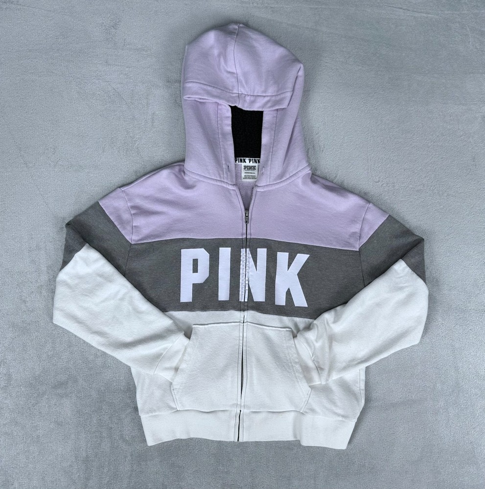 Victoria’s Secret PINK Full Zip Sweatshirt Hoodie Jacket XS Lilac/Gray/White