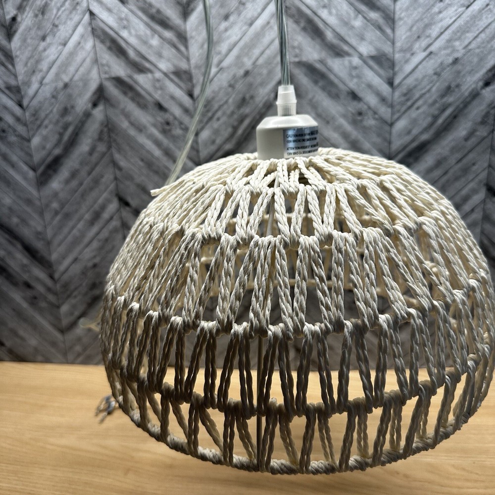Cream Rope Woven Boho Pendant Light,Rattan Wicker Hanging Ceiling Light Fixtu...