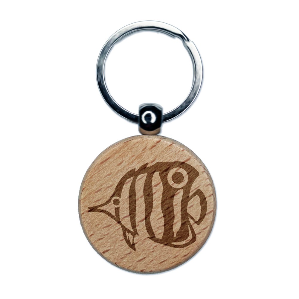 Butterfly Fish Engraved Wood Round Keychain Tag Charm