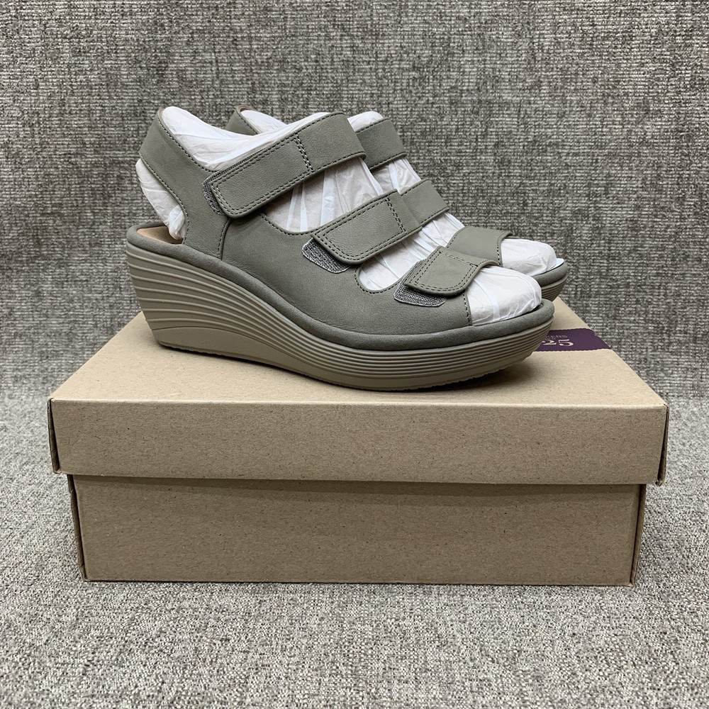 Clarks Reedly Juno Sage Nubuck Leather Wedge Sandals Size 6 M