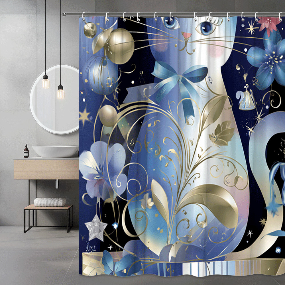 Blue Cat Floral Graphic Shower Curtain