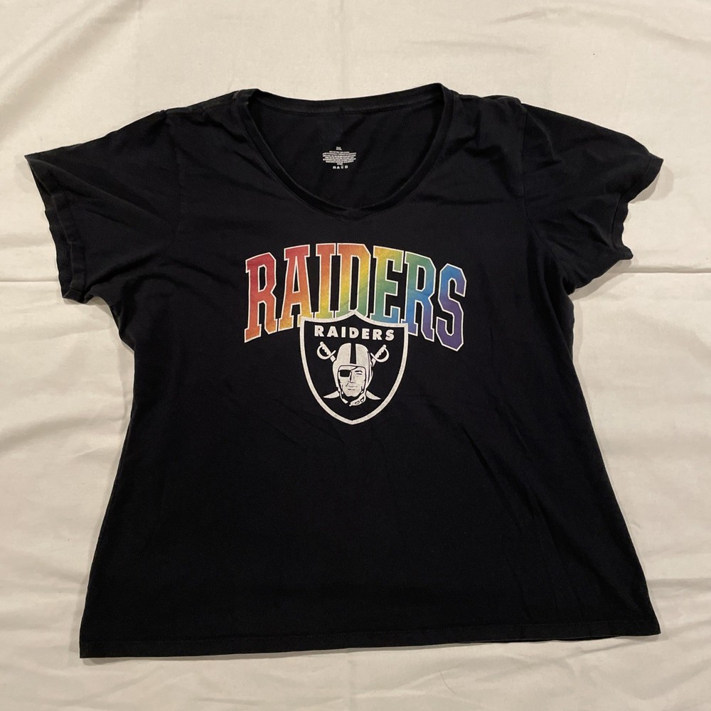 Las Vegas Raiders V Neck T-Shirt Women's XL Rainbow Black Fanatics NFL Pro Line