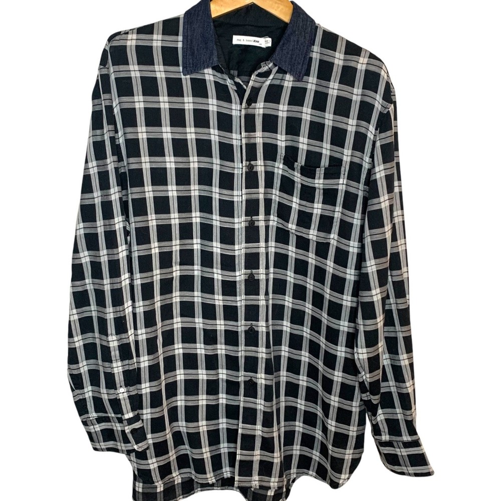 Rag & Bone Shirt Men's Large Button Down Black White Tartan Dark Academia