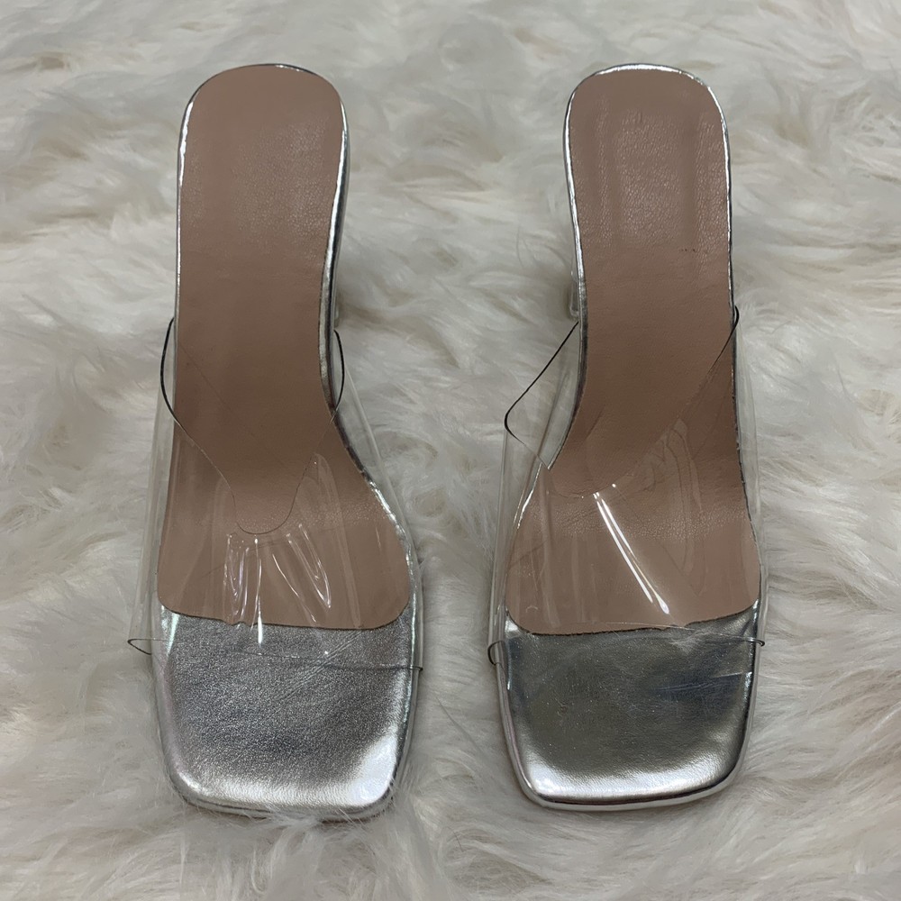 Clear 4-inch heel mules in size 7 for women