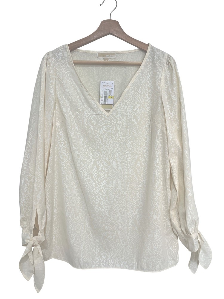 Michael Michael Kors Snakeskin Tie Cuff V-Neck Elegant Cream Top Blouse Medium