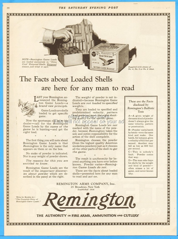 1923 Remington Arms Shotgun Shell Box Duck Hunting Nitro Club Game Load Print Ad