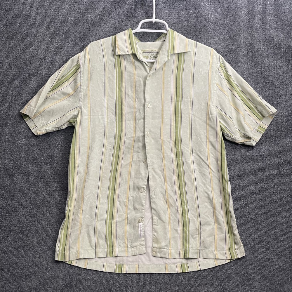 Tommy Bahama Silk Shirt Mens Sz S Button Down Casual Short Sleeve Striped Green
