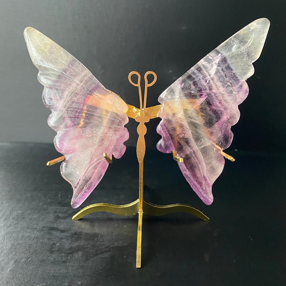 96G Natural Crystal Fluorite Butterfly Wings Healing Statue Decor + Stand