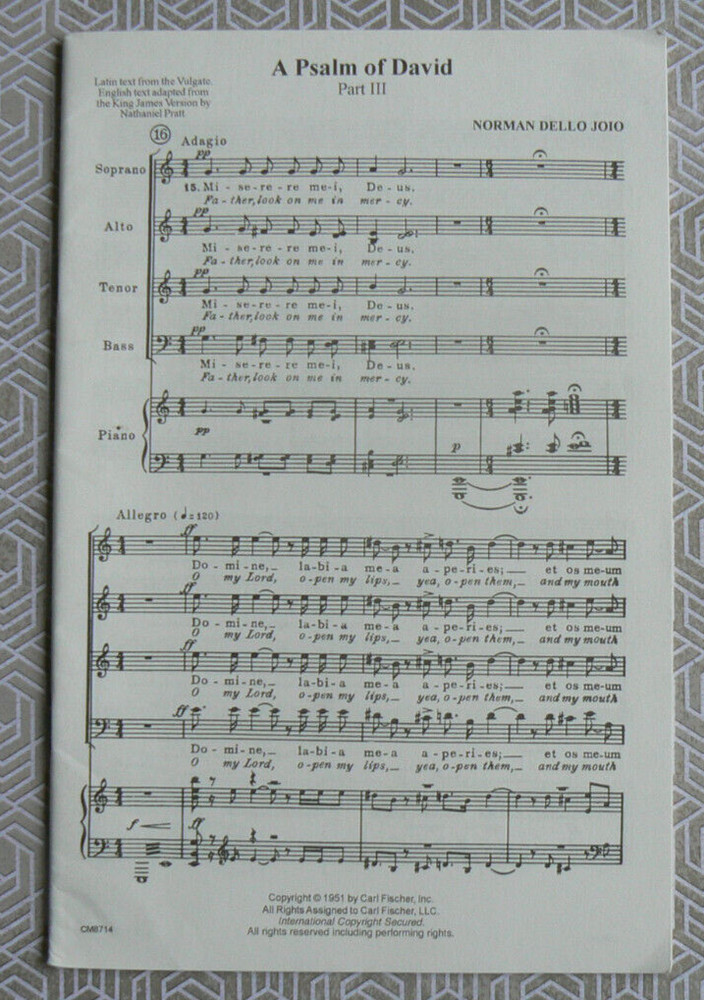 A PSALM OF DAVID Part III,Norman Dello Joio Sheet Music,Carl Fischer 1951 SATB