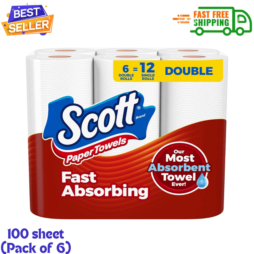 Scott Paper Towels, Choose-A-Sheet, 6 Double Rolls, 12 Regular Rolls 100 Sheets
