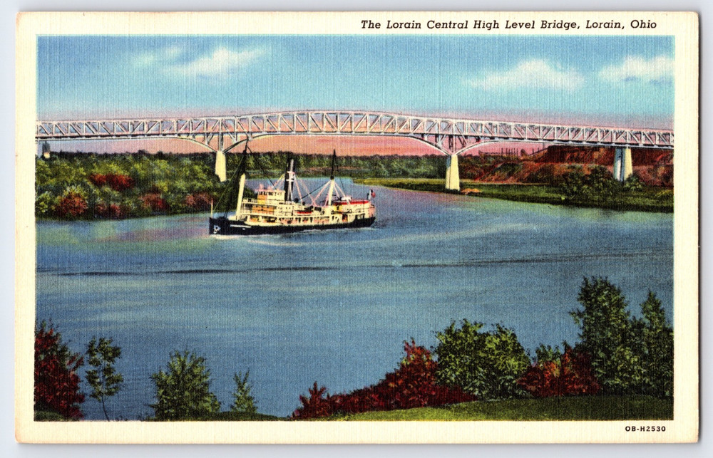 Vintage Postcard Lorain Ohio USA The Lorain Central High Level Bridge River Boat