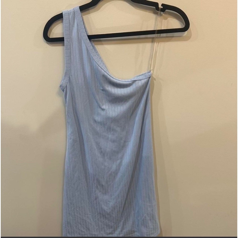 Light Blue One Shoulder Ribbed Knit Tank Top Asymmetrical Sleeveless Small