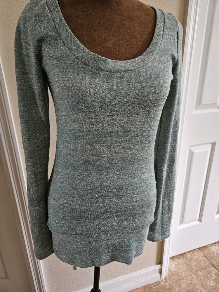 Womens Sage Green Long Sleeve Blouse With Silvery Shimmer Stripes And Lace