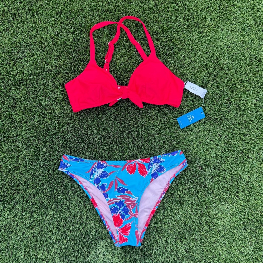 Cupshe Womens Red Tie Front Bikini Top and Floral Print Bottom Set Size M NWT