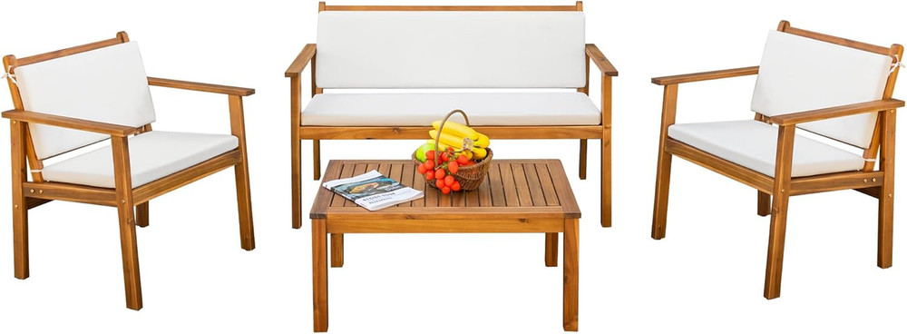 Devoko Patio Furniture 4 Piece Acacia Wood Outdoor Conversation Sofa Set with Ta