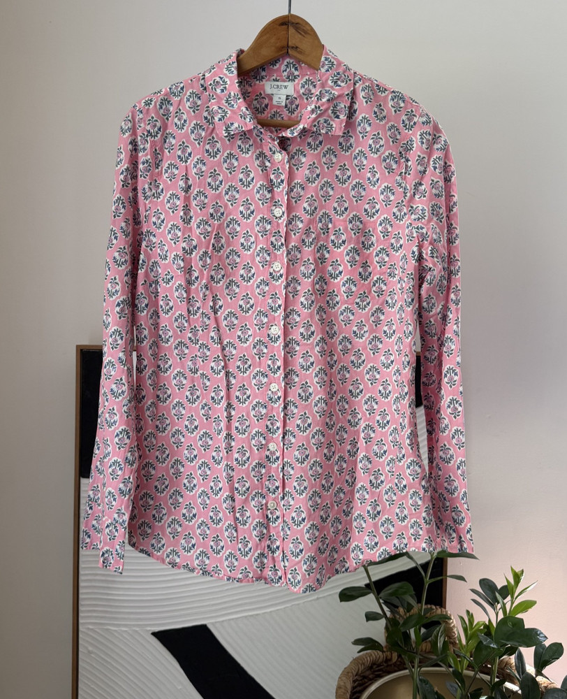 Women's J. CREW Pink Block Print Floral Button Front Shirt Top Blouse Size Small