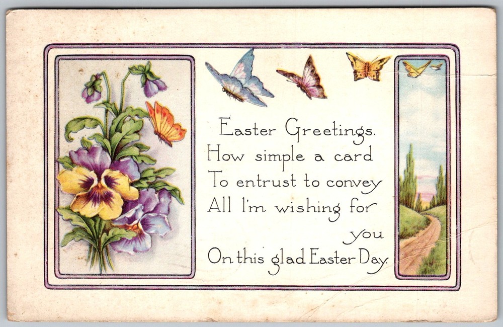 Antique Postcard Easter Pansies Butterflies Greeting 1910s