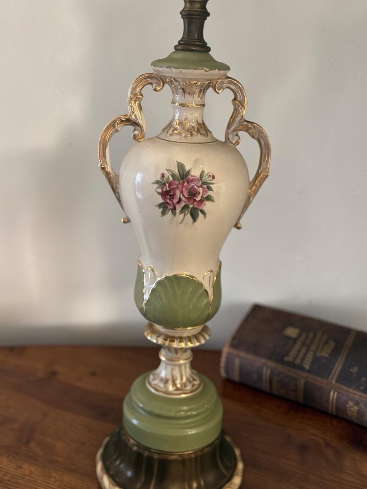 Antique Victorian-French Ceramic / Brass Floral Hand Table Lamp Works Green Gold