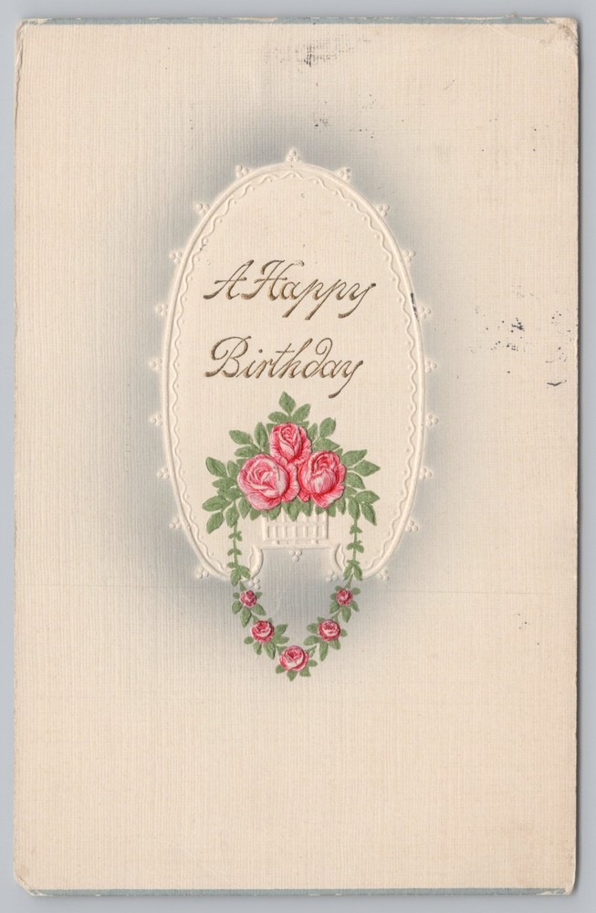 Greetings~Red Roses & Happy Birthday~Vintage Postcard