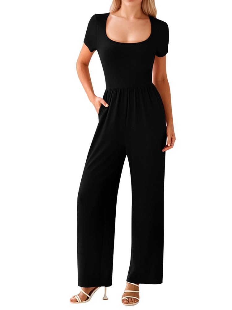 Women's One Piece Jumpsuits Casual Short Sleeve Square Neck Wide Leg Jumpsuit Ro