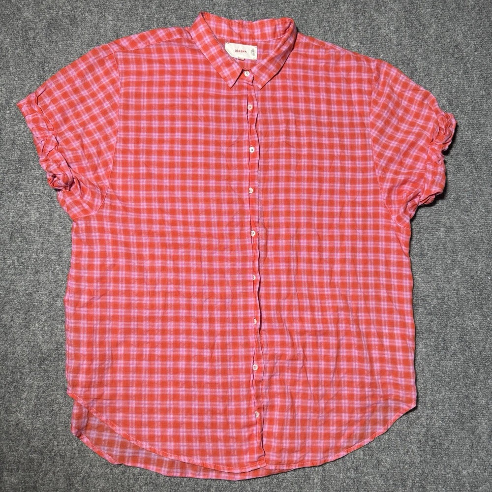 XIRENA Channing Shirt Short Sleeve Button Up Check Plaid Lightweight EUC Medium