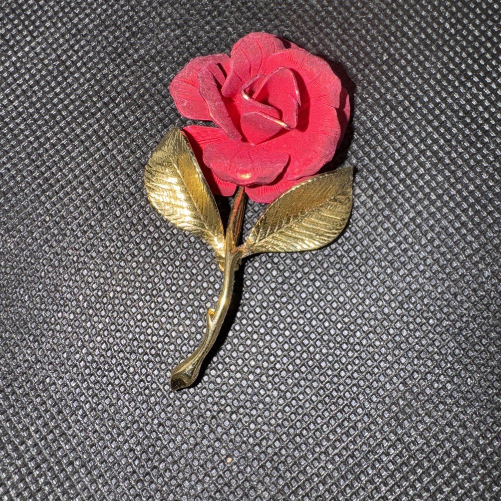 Cerrito Red Enamel Rose Flower Pin Brooch Gold Tone Flower Power Vintage
